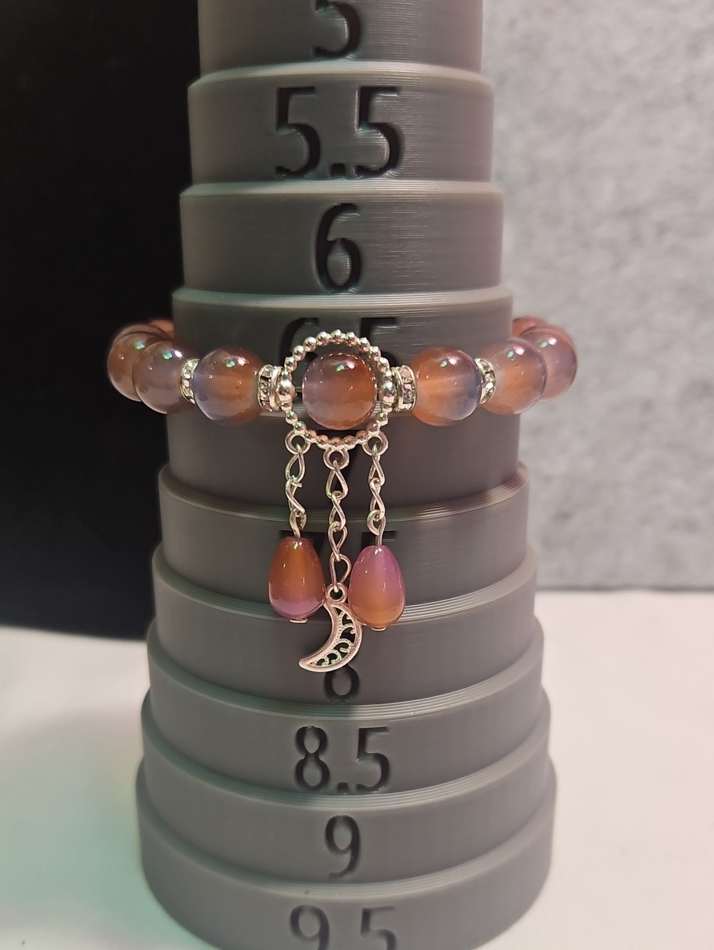 Silver Crescent Moon Brown Bead Charm Bracelet